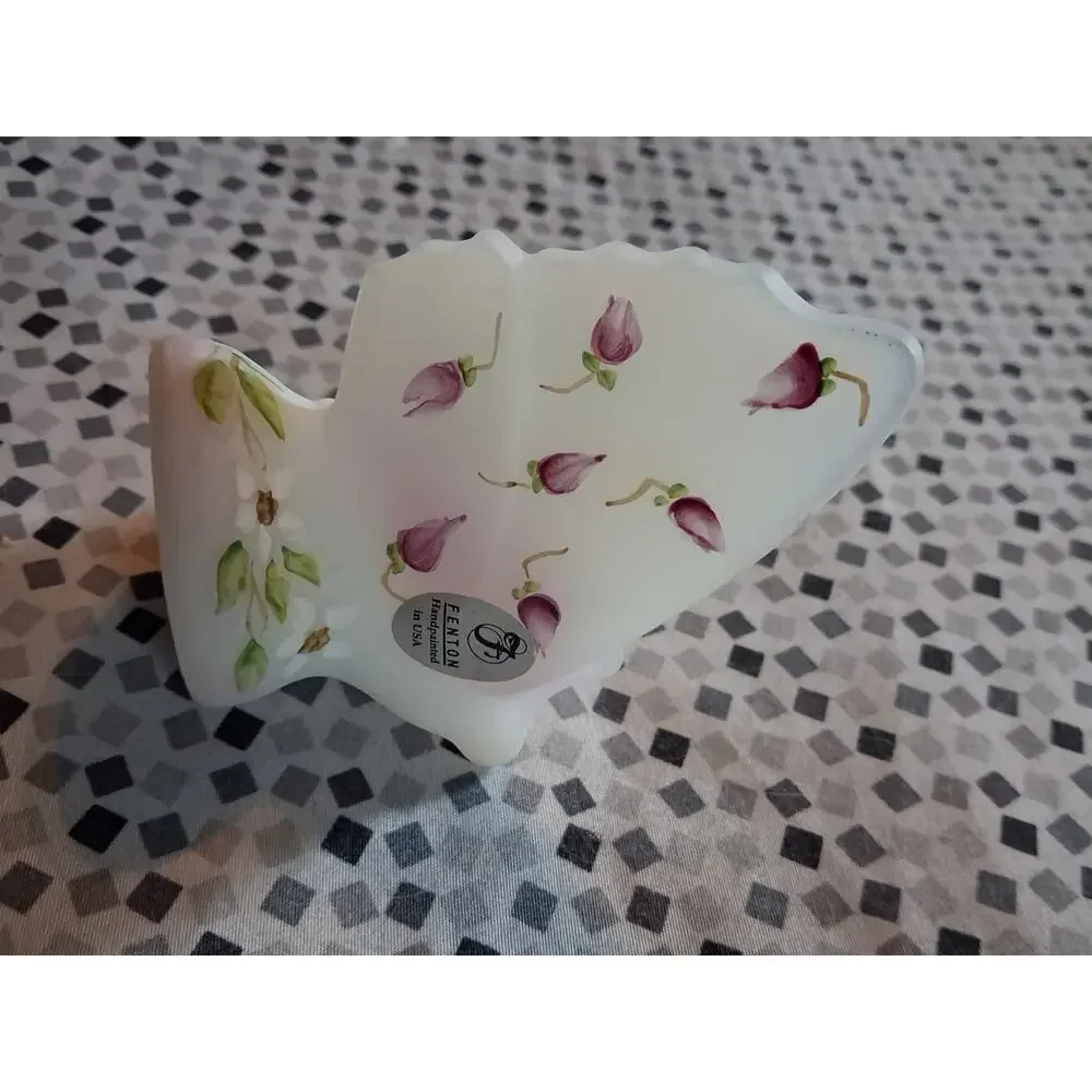 Fenton White Satin Hand Painted Butterfly Signed Figurine Statue Sculpture 3